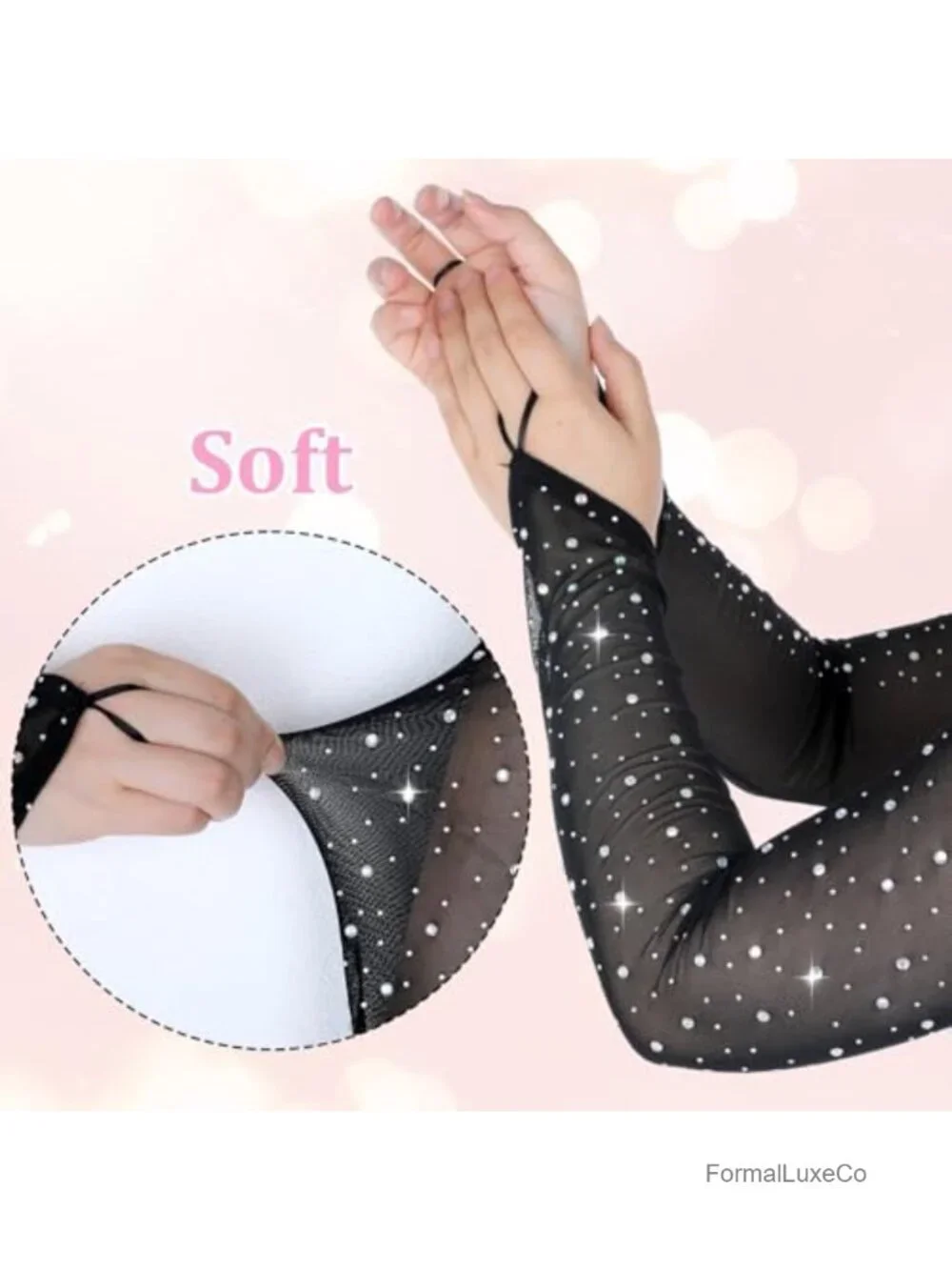 Sparkly Rhinestone Fingerless Long Mesh Gloves Elbow Length Tulle Glove
